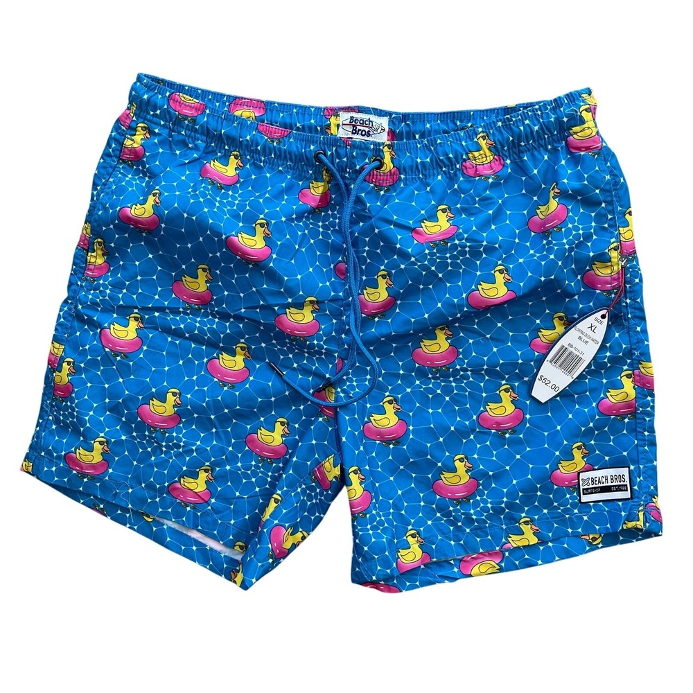 NWT Beach Bros Men's XL Blue Lined Swim Trunks Board Shorts Pink Duck Tube Print